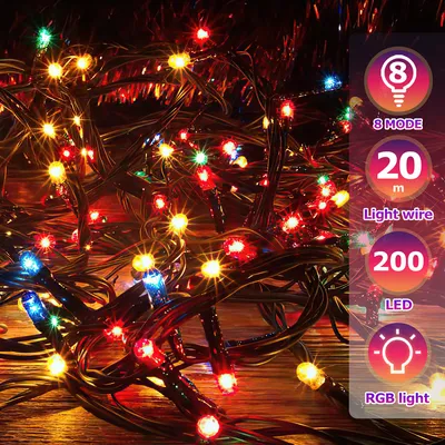 Image de Yakimz 20M 200 LED Guirlande lumineuse pour arbre de Noël, fil de cuivre vert foncé multicolore avec 8 programmes LED pour l'intérieur et l'extérieur IP44