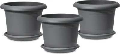 Produktbild von Scheurich 3er Set Blumentöpfe Oliver mit Untersetzern, Farbe: Metallic Grey, 40,4 cm Durchmesser, 28,1 cm hoch, 19,3 l Vol.