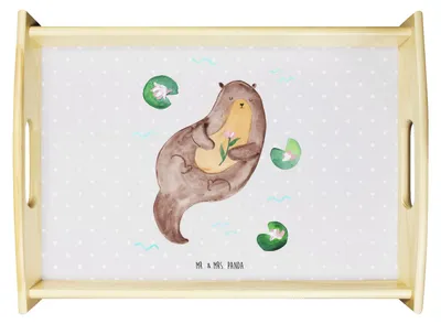 Produktbild von Mr. & Mrs. Panda Tablett Otter Seerose - Grau Pastell - Geschenk, Seeotter, Fluss, Holztablett, glücklich, Deko, aus holz, Wasser, serviertablett, Bett-Tablett