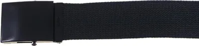 A black fabric belt with a black metal buckle, shown against a white background.