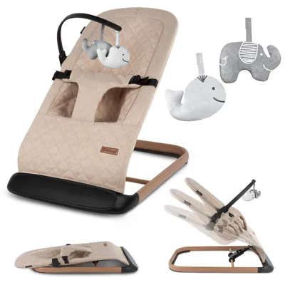 Produktbild von Kidwell LARO Babywippe – Ergonomische Babyschaukel mit 3-Punkt-Gurt, 3-fach verstellbarer Rückenlehne, Spielbogen & faltbar (Beige/Wooden)