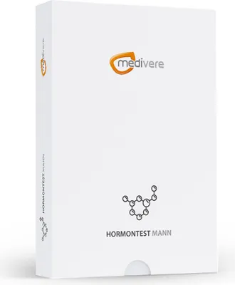 Immagine prodotto di profilo ormonale maschile di medivere diagnostics - analisi chimica di laboratorio degli ormoni steroidei testosterone e DHEA nella saliva