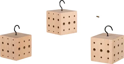 Produktbild von WONDERMAKE® 3er Set: Design Insektenhotel klein, Kubus aus Buche-Holz mit 3x42 Nistplätzen, Bienenhotel hängend Nisthilfe f. Wildbienen, braun schwarz
