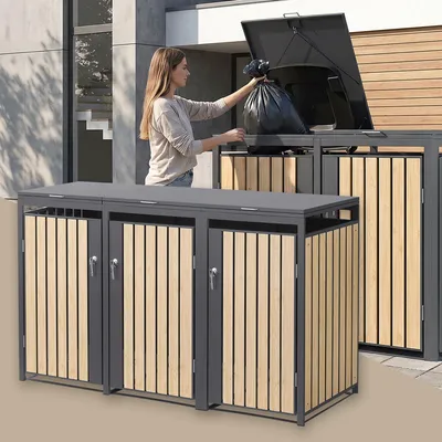 Obrázek produktu pro ML-Design, box na kontejnery, pro 3 kontejnery o objemu 240 litrů, rozměry 200x80x120 cm, barva: antracit, vzhled: borovice, materiál: ocel, odolné povětrnostním vlivům, se zámkem