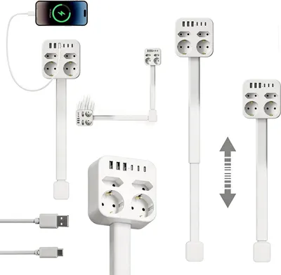 Produktbild von USB Steckdosenleiste, 4 AC + 3 USB-C & 3 USB-A, ausziehbar & schwenkbar, Wandmontage ohne Werkzeug, Überspannungsschutz, Büro & Zuhause