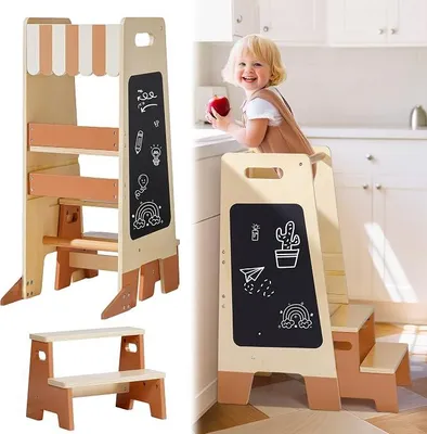 Imagen del producto de Taburete de madera para bebés con barandilla de seguridad y pizarra: ayuda de cocina Montessori para niños a partir de 2 años, muebles para el baño y para niños