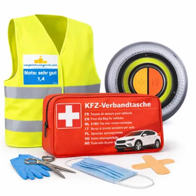 Immagine prodotto di Set 3 in 1 - Triangolo di emergenza - Triangolo di segnalazione - Luce di emergenza V16 Luce di emergenza IDIADA Omologazione n. PC21020060 - Giubbotto di sicurezza e kit di pronto soccorso - per auto e moto