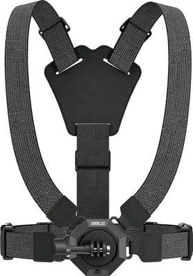 A black chest strap mount with adjustable straps and a central mounting point for a camera.