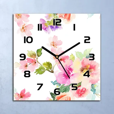 Produktbild von Wanduhr Echt-Glas-Küchenuhr Blumen Aquarell Quarz Lautlos 30x30 Deko Bilder