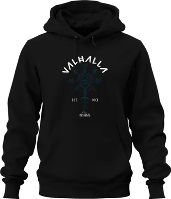 Obrázok produktu pre Valhalla Vegvisir Viking Nordic Runes Odin Runic Symbol Uni mikina s kapucňou, čierna, 3XL