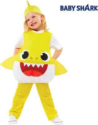 Baby Shark Kostüm kleiner Hai Gelb für Kinder von Vorne mit Baby Shark Logo Oben Rechts
