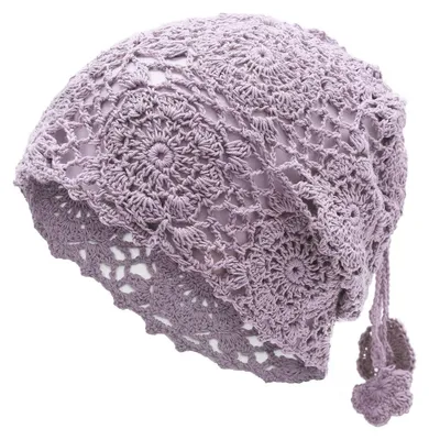 Immagine prodotto di Berretto da donna estivo, lavorato a maglia, modello slouch beanie, color viola, in cotone, taglia unica