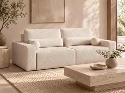 Produktbild von Sofa mit Schlaffunktion und Bettkasten, Polstersofa  aus Bouclé, Couch für Wohnzimmer, Sofagarnitur Wohnlandschaft mit BettfunktionSchlafsofa Denver mini - Cream (Anthology 20)