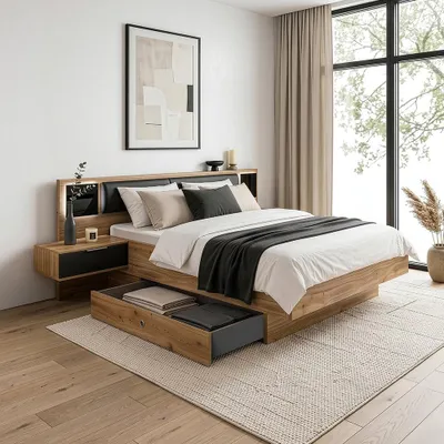 Produktbild von Doppelbett 160cm mit 2 Bettschubladen, Nachtschränken, Beleuchtung und Polsterkopfteil, graphit und Eiche, VIESTE-43