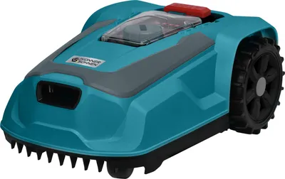 A teal and gray robotic lawnmower is shown from a diagonal front-side view against a white background.