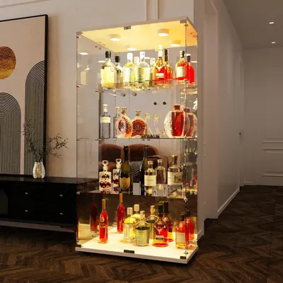 Image de Vitrine en verre à quatre niveaux, avec 4 étagères et éclairage LED, de couleur blanche