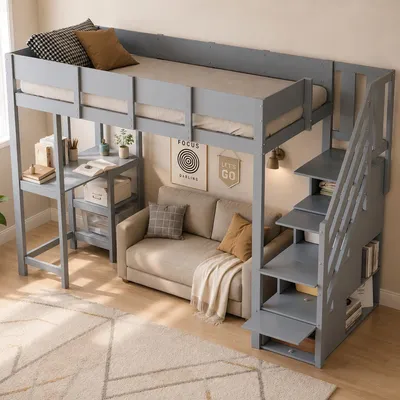 Produktbild von STILVORA 90×200 Hochbett mit Ablage,Etagenbett mit Stauraumtreppe und Lattenrost,Multifunktionsbett für Kinder und Jugend,ohne Matratze,Grau