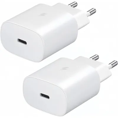 Two white USB-C fast chargers are shown against a white background.