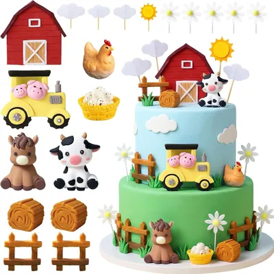Immagine prodotto di Decorazioni per torte a tema fattoria - 19 pezzi di decorazioni per torte con animali da fattoria - Decorazioni per torte a tema fattoria - Topper per torte a tema fattoria per bambini