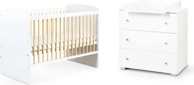 Produktbild von Babybett Gitterbett Kinderbett höhenverstellbar mit Matratze Sprossen Kommode MIT Schubladen Klamotenschrank Kinderzimmer Weiß Kietel K2 120x60 KMbaby