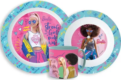 Produktbild von Barbie Kinder 3 teiliges Frühstücks Set Teller und Schüssel und Becher 260 ml