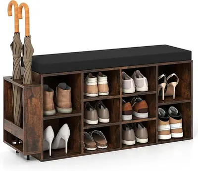 Imagen del producto de Estantería para zapatos con 10 compartimentos, soporte para paraguas y asiento acolchado; estante para zapatos con estantes ajustables y extraíbles; banco con espacio para guardar zapatos, ideal para la entrada, pasillo o vestíbulo (color marrón)