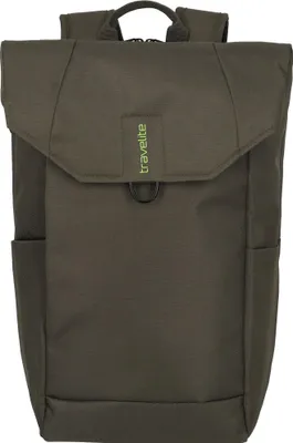 A front view of a green backpack against a white background.