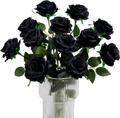 Produktbild von 12Pcs Rosen Künstliche Blumen Realistische Einzelstielblumen Seidenrosenstrauß für Hochzeitsfeier Büro Home Decor (Schwarz)