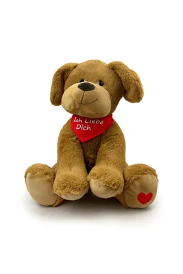 Produktbild von Plüschtier Hund 35 cm Braun mit Schal Rot „Ich liebe Dich“ – Weiches Kuscheltier aus Plüsch