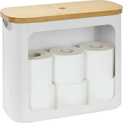 Image de Relaxdays - Rangement pour papier toilette, 12 rouleaux, H x l x P : 36 x 43 x 17 cm, tissu, bambou, panier à papier toilette, réserve, blanc