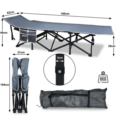 Image de LARS360 190 x 62 x 38 cm Lit de camp Lit de camping pliable Lit de camping gris Lits de camp stables en tube métallique 250kg Charge admissible Portable pour camping plage