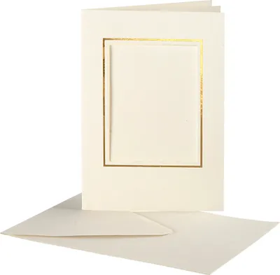 Produktbild von Creativ Company Passepartoutkarten, Rechteck mit Goldrand, Kartengröße 10,5x15 cm, Umschlaggröße 11,5x16,5 cm, gebrochenes Weiß, 10er Set 1 Box