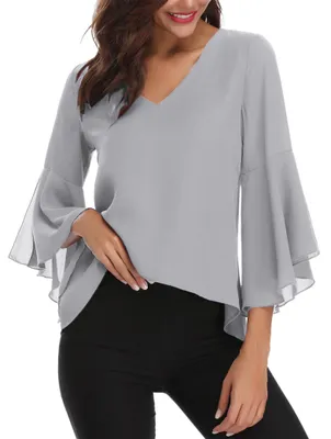 Produktbild von Gyabnw Chiffonbluse Damen V Ausschnitt 3/4 Arm Volantärmel