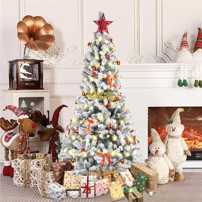 Image de Sapin de Noël artificiel de 180 cm avec neige, 600 pointes, lumières LED, décorations et support métallique inclus