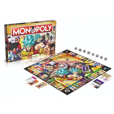 A Monopoly board game with a Dragon Ball Super theme, including the game box and board.