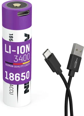 A rechargeable battery and a USB-C cable are shown against a white background.
