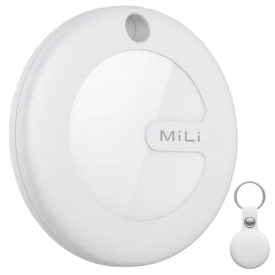 A white round smart geo tag with the brand name 'MiLi' visible, shown on a white background. A smaller, similar tag on a keychain is also visible to the right.