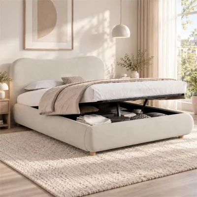 Imagen del producto de Cama tapizada Flieks de 180x200 cm con cabecero acolchado, cama hidráulica con espacio de almacenamiento, somier, cama doble, estructura de madera, terciopelo, color crema