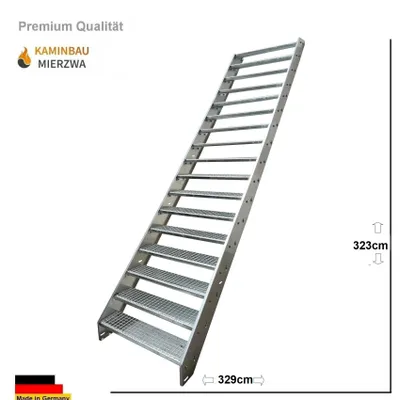 Produktbild von Premium Wangentreppe Stahltreppe Gitterroststufen 17 Stufen Verzinkt Treppe Breite 140cm Geschosshöhe 323cm / Aussentreppe Metalltreppe
