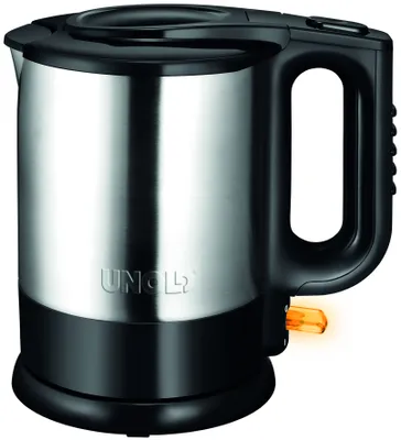 Der Unold Blitzkocher Edition 1,5 L ist ein Wasserkocher aus Edelstahl und Weiß mit dem Unold-Logo 