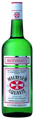 A green glass bottle of Malteserkreuz Aquavit on a white background.