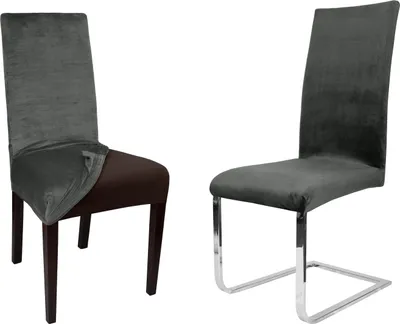 Two chairs with grey velvet slipcovers against a white background. One chair has a brown seat visible underneath the slipcover.