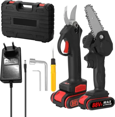 Produktbild von 21V 4 Zoll Elektro-Kettensäge und 25mm Akku Astschere Cordless Gartenschere Set Akku-Kettensäge Mini-Kettensäge Elektro Astschere - Schwarz