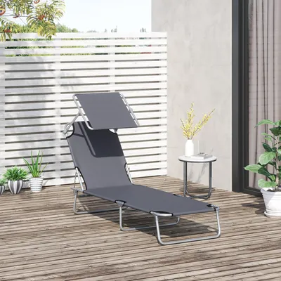 Produktbild von Sonnenliege klappbar mit Sonnendach, Gartenliege 4-fach verstellbar, Wellnessliege bis 120 kg, Strandliege faltbar, Grau, für Balkon, Pool und Camping
