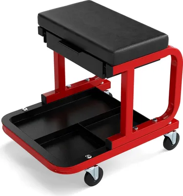 A red and black rolling mechanic's stool with a padded seat and storage tray.