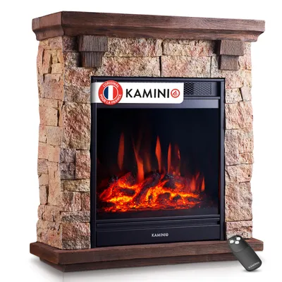 Image de Cheminée électrique KAMINIO JUAN - Cheminée électrique sur pied aspect pierre avec chauffage, effet flammes 3D, télécommande (beige)