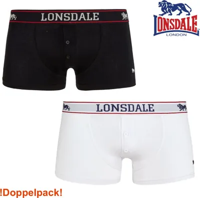 Two pairs of Lonsdale boxer shorts, one black and one white, displayed side-by-side.