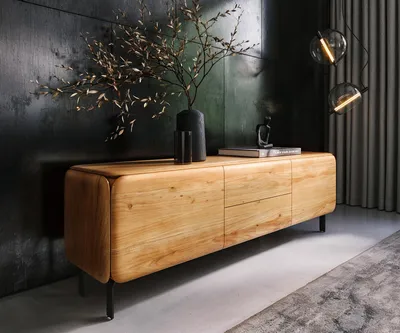 Produktbild von DELIFE Lowboard Shavani 175 cm Akazie Natur 2 Türen 2 Schubladen L-Fuß Metall Schwarz