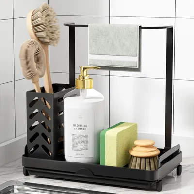Productafbeelding van Keukenorganizer – RVS spoelbakorganizer, multifunctionele keukenorganizer met uitneembaar afdruiprek, houder voor keukensponsjes, middelgroot, zwart