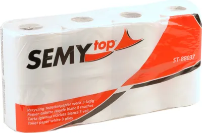 Zdjęcie produktu dla 56 rolek papieru toaletowego SemyTop, 3-warstwowego, białego z recyklingu, 250 arkuszy